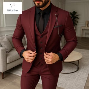 3-delig pak Driedelig bordeauxrood herenkostuum voor bruiloft, verloving, galapak, bruidegomkleding, bruidsjonkers, elegant pak, bruiloftskleding