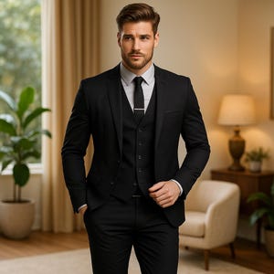 Men&#39;s Premium Black 3-Piece Suit – Notch Lapel | Wedding, Prom, Formal Occasion Wear