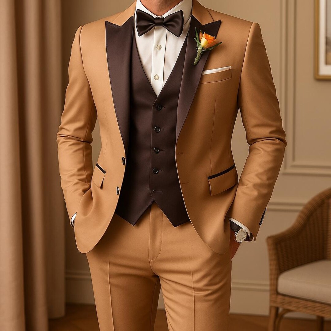 男性用ブラウン3ピースタキシードスーツ｜オーダーメイドテーラード