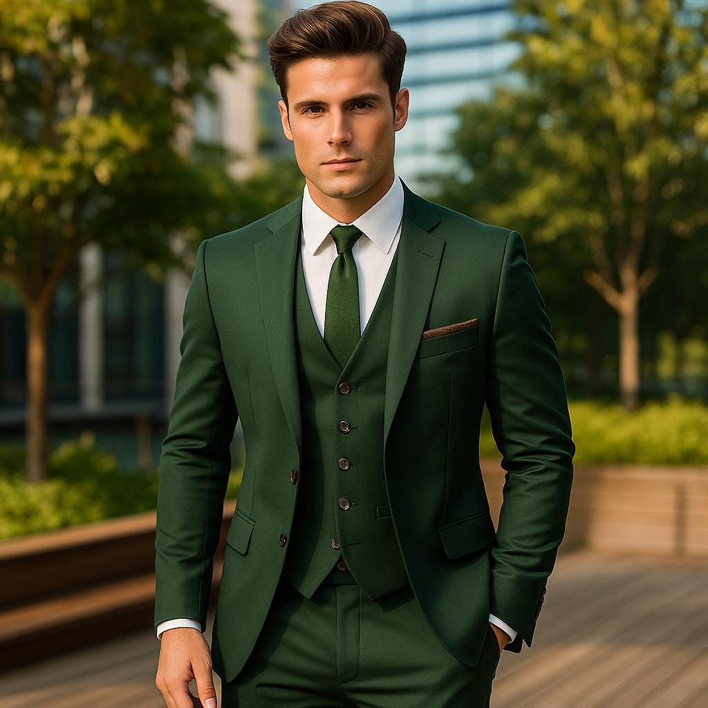 男性用グリーンスリーピーススーツ – テーラードスリムフィット | 結婚