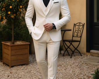 Men's White 3-Piece Suit: Custom Fit Wedding Formal Wear
