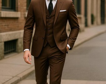 メンズブラウンスリーピーススーツ：スリムフィットウェディング新郎