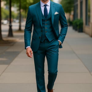 Teal Blue 3 Piece Men’s Suit | Slim Fit Wedding Tuxedo | Tailored Groom & Groomsmen Formal Wear