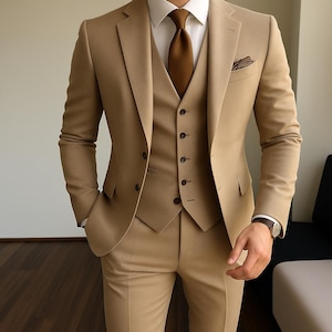 Light Brown 3-Piece Men&#39;s Suit – Modern Tailored Elegance for Business & Special Occasions