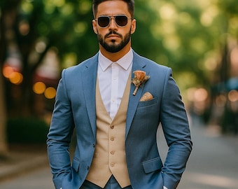 Costume 3 pièces bleu ciel : gilet beige, tenue de mariage coupe slim
