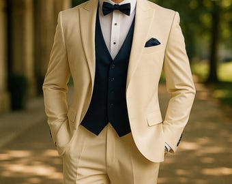 Ivory & Blue Vest 3-Piece Suit for Men – Modern Stylish Tailored Wedding | Formal Wear