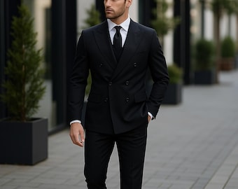 Men's Black Double Breasted Suit: Custom Tailored Terry Rayon