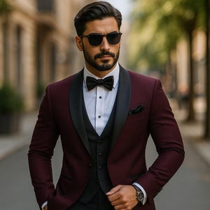 Dark Burgundy 3 Piece Tuxedo with Black Lapels | Slim Fit Groom Suit | Wedding & Party Wear