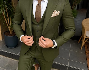 Olive Green 3 Piece Men’s Suit | Wedding Groom Party Wear | Elegant Slim Fit Formal Suit
