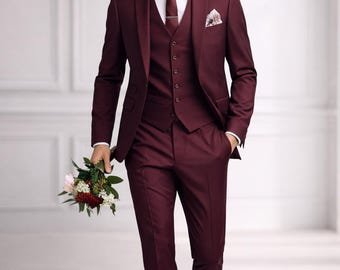 Burgundy 3 Piece Suit for Men • Slim Fit Wedding Groom Suit • Mens Formal Suit Prom Outfit • Custom Tailored Luxury Handmade Suit