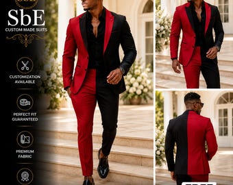 Traje negro y rojo a medida • Corte ajustado, ropa formal hecha a mano