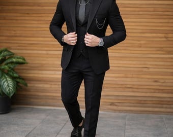 Premium Black Three Piece Suit for Men • Luxury Tailored Groom & Groomsmen Suit • Slim Fit Handmade Wedding Engagement Suit, Formal wear