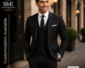 Slim Fit Black 3-Piece Suit: Vintage Bespoke Wedding Formal Wear