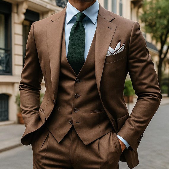 プレミアムスリーピースブラウンメンズスーツ｜結婚式、プロム、婚約式