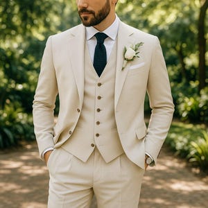 Beige Linen 3 Piece Slim Fit Suit for Men | Wedding, Groom, Prom & Formal Wear