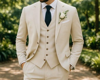 Beige Linen 3 Piece Slim Fit Suit for Men | Wedding, Groom, Prom & Formal Wear