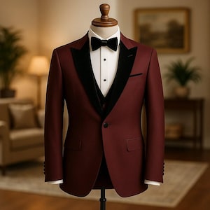 Burgundy Black 3 Piece Slim Fit Suit for Men | Groom Wedding & Formal Wear Suit