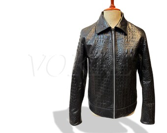 Handcraft Men’s Black Alligator Embossed | Luxury Exotic Textured Leather Jacket | Designer Style Bold Statement Outerwear