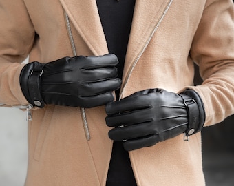 Handmade Black Leather Winter Gloves: Thermal Lined Driving Gloves