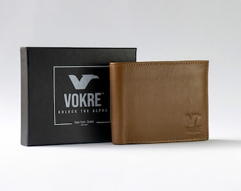 VOKRE Men’s RFID Blocking Full Grain Leather Bifold Wallet, Desire