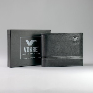 Cartera plegable de cuero de grano completo con bloqueo RFID para hombre de VOKRE con tarjetero extraíble, Zealous