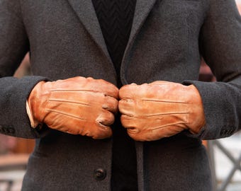 Distress Sheepskin Leather Gloves with Fleece Lining – Vintage Tan Comfortable Fit, Soft Warm Winter Driving Gloves for Men & Women