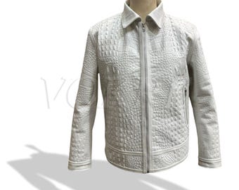 Handcraft White Leather Jacket | Alligator Embossed, Designer Style