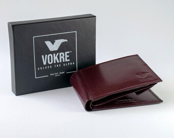 Men’s Genuine Leather Bifold Wallet in Shiny Buffalo Leather with RFID Protection – Burgundy
