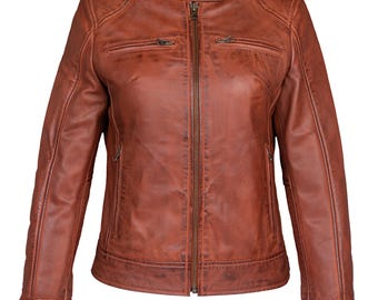Women’s Brown Sheepskin Biker Jacket | Handmade Slim Fit Jacket for Women | Vintage Tan Moto Style
