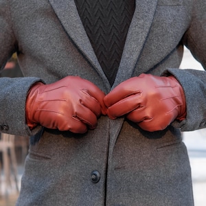 Burgunder Schaffell Lederhandschuhe - Fleece gefütterte, handgefertigte luxuriöse warme Winterhandschuhe, perfektes Geschenk für Sie und Ihn