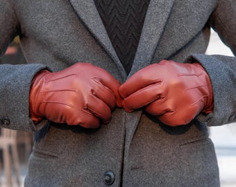 Burgundy Sheepskin Leather Gloves – Fleece Lined, Handmade Luxury Warm Winter Gloves, Perfect Gift for Him or Her