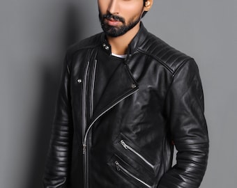Black Biker Jacket Men - Soft Natural cowhide Leather -Warm Quilted Lining - Motorcycle Jacket.