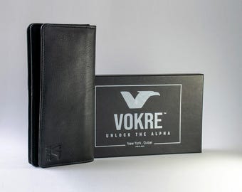 Handmade Leather Long Wallet Black: Slim Bifold Checkbook, RFID Blocking, Christmas Gift for Him