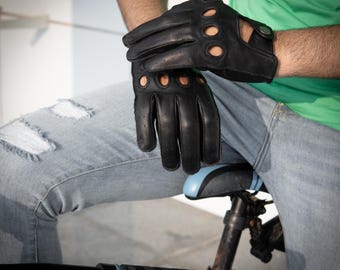 Handmade Full-Grain Leather Driving Gloves: Black Breathable Car Gloves