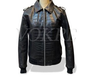 Handmade Crocodile Embossed Leather Bomber Jacket | Slim Fit