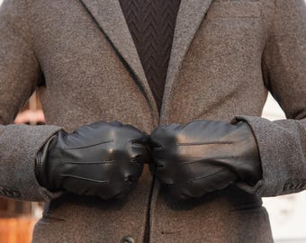 Handmade classic Black Sheepskin Leather Gloves with Fleece Lining – Warm Winter Driving Gloves for Men & Women