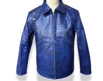 Blue Crocodile Embossed Leather Jacket | Men's Luxury Outerwear