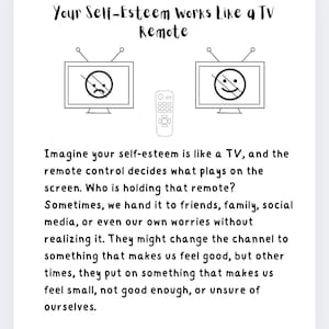 Puede incluir: Una ilustración en blanco y negro de un televisor con una cara triste y un mando a distancia de televisión con una cara feliz. El texto "Your Self-Esteem Works Like a TV Remote" está en la parte superior de la imagen. El texto debajo de la imagen dice: "Imagina que tu autoestima es como un televisor, y el mando a distancia decide qué se reproduce en la pantalla. ¿Quién está sosteniendo ese mando a distancia? A veces, se lo damos a amigos, familiares, redes sociales, o incluso a nuestras propias preocupaciones sin darnos cuenta. Pueden cambiar de canal a algo que nos haga sentir bien, pero otras veces, ponen algo que nos hace sentir pequeños, no lo suficientemente buenos, o inseguros de nosotros mismos. Parenting Resilience - Carol Kim"