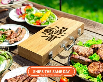 Personalised Bamboo BBQ Tool Set – Engraved Grill Utensils Gift For Husband, Anniversary Present For Him, Outdoor Barbecue Kit, Gift For Him