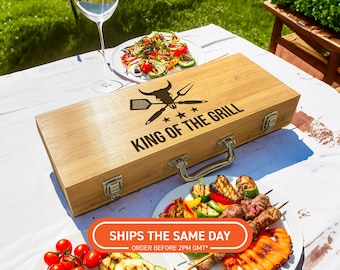 Ensemble de barbecue en bambou gravé - Étui à outils de gril personnalisé, cadeau d'anniversaire pour papa, mari, homme, ustensiles de barbecue d'extérieur personnalisés, fête des pères