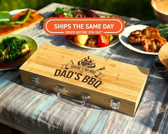 Personalised Bamboo BBQ Tool Set with Case - Engraved BBQ Utensils Gift for Him - Custom Grill Tools Box for Dad, Husband, Men, Chef