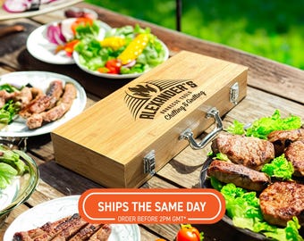 Personalised BBQ Tool Set with Engraved Bamboo Case - Custom Grill Utensils Set for Men, Dad, Husband - Outdoor Barbecue Accessories Kit