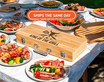 Personalised BBQ Tool Set for Men with Bamboo Box, Custom Engraved Grill Utensils Gift for Him, Outdoor Cooking Accessories for Dad, Husband