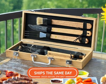 Kit d'outils pour barbecue personnalisé avec étui en bambou gravé - Cadeau personnalisé unique pour papa, mari ou homme qui aime les grillades - Cadeau barbecue pour lui