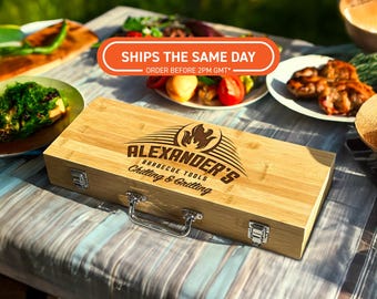 Spersonalizowany zestaw do grilla bambusowego – prezent dla niego, grawerowane narzędzia do grilla w etui, prezent na Dzień Ojca dla taty, męża, mężczyzny, przybory do grillowania na świeżym powietrzu