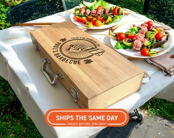 Custom Engraved BBQ Tool Set in Bamboo Case – Personalised Grill Gift for Men, Dad, Husband, or Father’s Day BBQ Lovers, BBQ Accessories