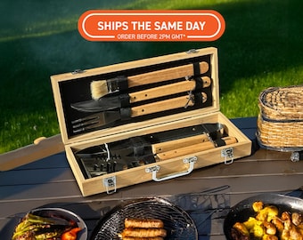 Coffret et outils de barbecue personnalisés en bambou, étui à ustensiles de barbecue gravé personnalisé, idée cadeau grill, cadeau pour lui, papa, cadeau barbecue de pendaison de crémaillère