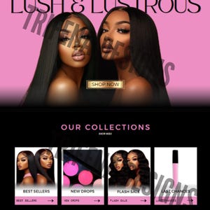 Può includere: Banner del sito web per un marchio di bellezza chiamato Lush & Lustrous. Il banner presenta due donne con capelli lunghi e neri, truccate. Il testo "Shop Now" è visualizzato su un pulsante rosa. Il sito web offre la spedizione gratuita su tutti gli ordini in Italia.