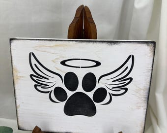Pet Memorial Angel Paw Sign – 6x7 Handmade Wood Wall Art with Wings & Halo