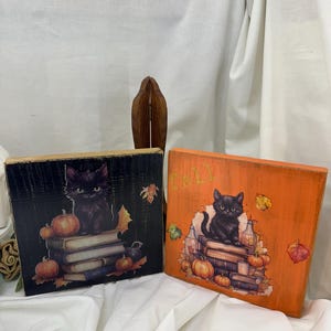 Black Cat Halloween Shelf Sitter Set – 7x7” Fall Decor with Books & Pumpkins